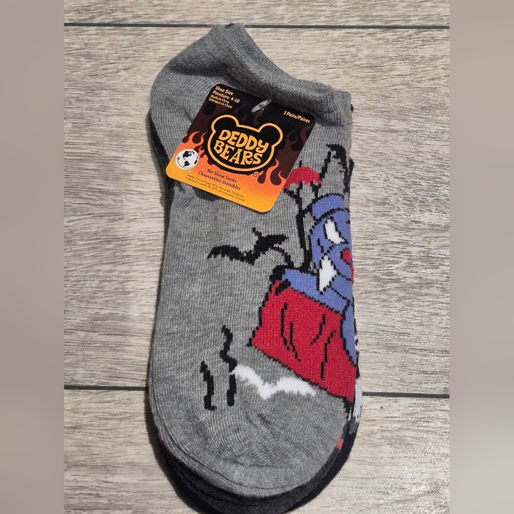 New Deddy Bears Ladies 3 Pairs Character Themed No Show Gray and Black Sock
